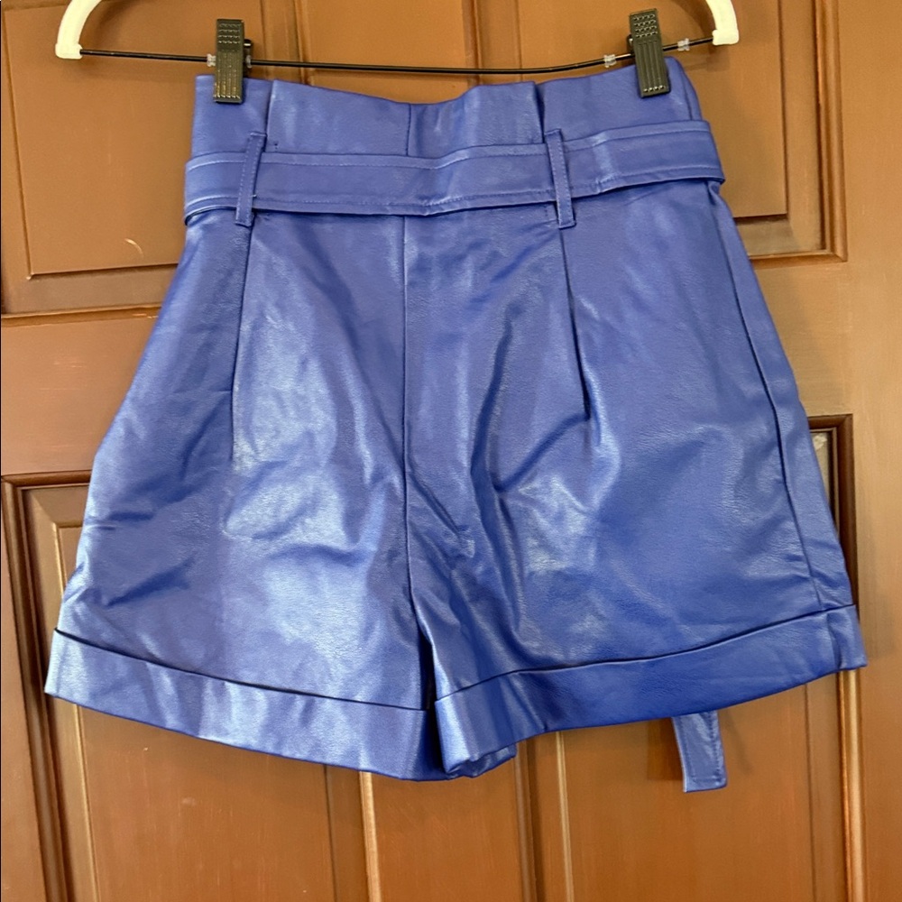 High-Waist Royal Blue Faux Leather Paperbag Shorts with Belt - Picture 3 of 4